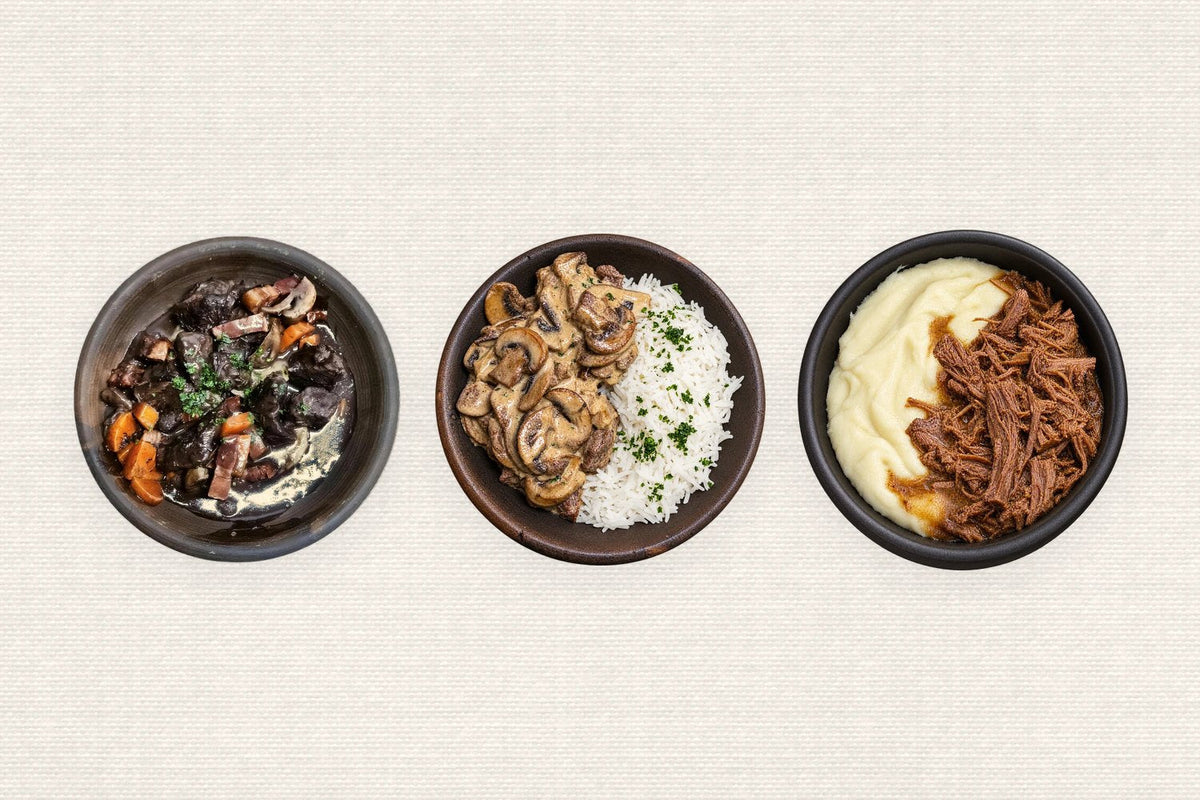 Boeuf bourguignon, strogonoff y mechada con aligot sobre el mantel Bocus