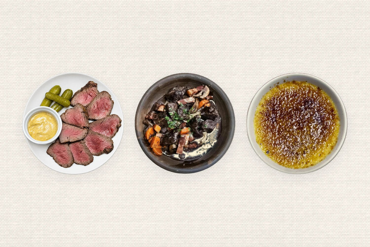 Boeuf bourguignon, quiche y crème brûlée de Bocus sobre el mantel